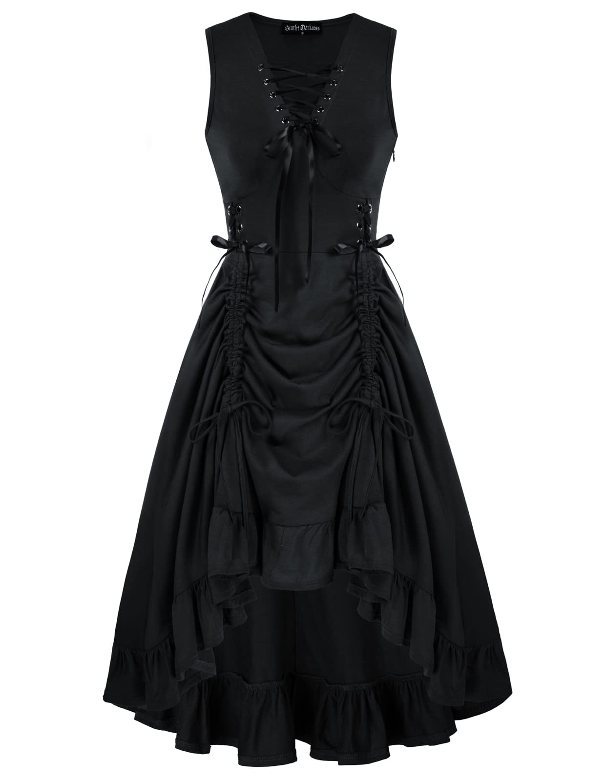 Women Steampunk Dress Lace Up V Neck Ruffle Hem Sleeveless Dress for Halloween Black M