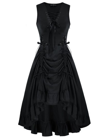 Women Steampunk Dress Lace Up V Neck Ruffle Hem Sleeveless Dress for Halloween Black M