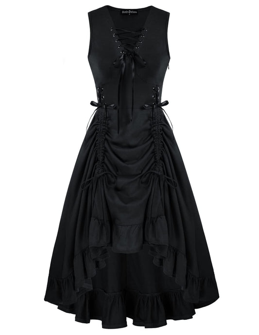 Black Goth Dress for Women Vintage Sleeveless Ruffle High Low Steampunk Dress Black XL