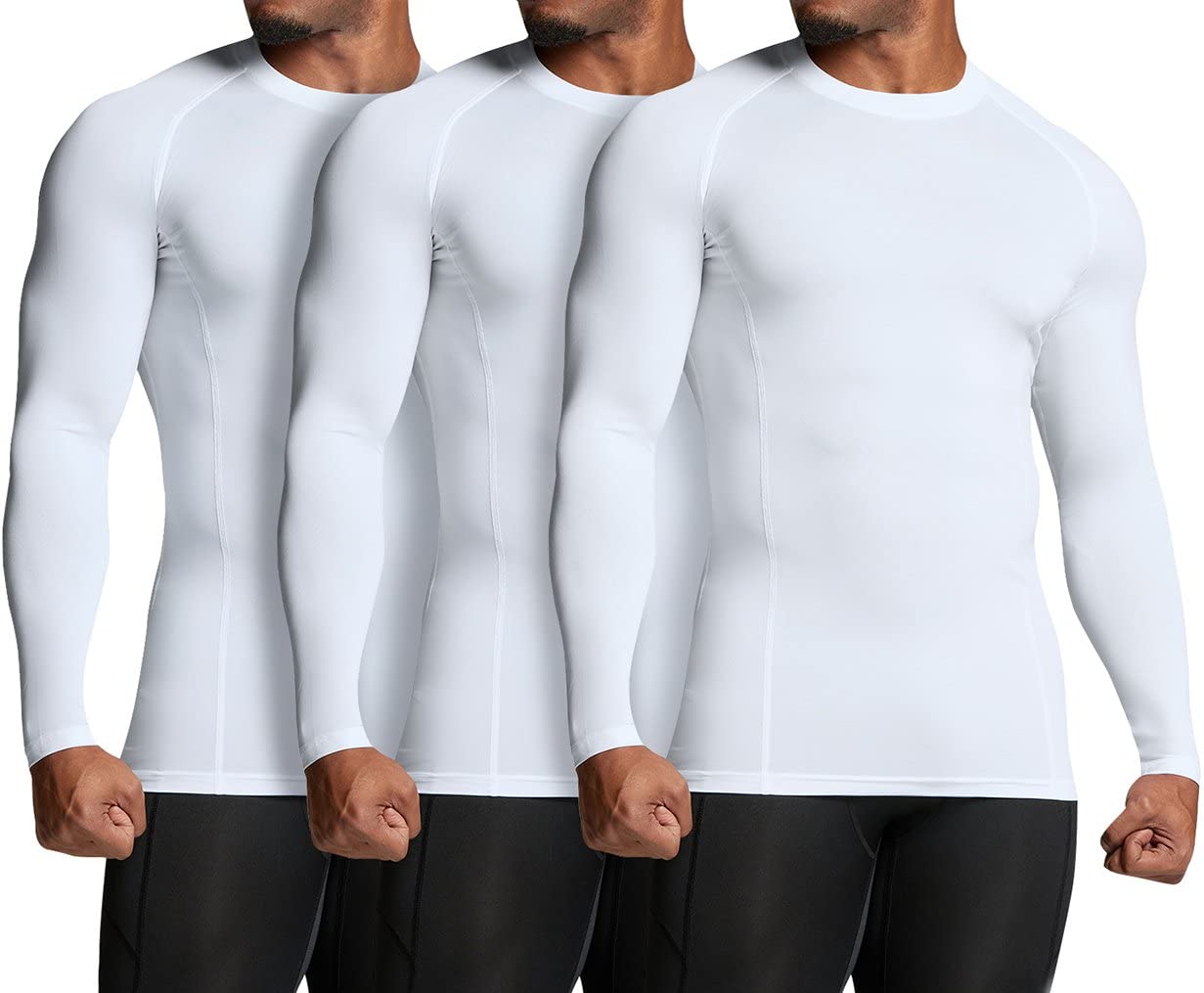 ATHLIO Men's UPF 50+ Long Sleeve Compression Shirts, Water Sports Rash Guard Base Layer, Athletic Workout Shirt, 3pack White/White/White, Large