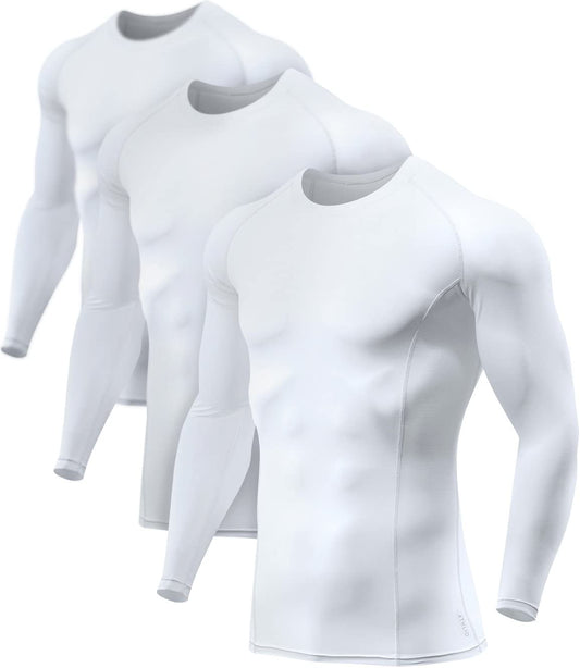 ATHLIO Men's UPF 50+ Long Sleeve Compression Shirts, Water Sports Rash Guard Base Layer, Athletic Workout Shirt, 3pack White/White/White, Large
