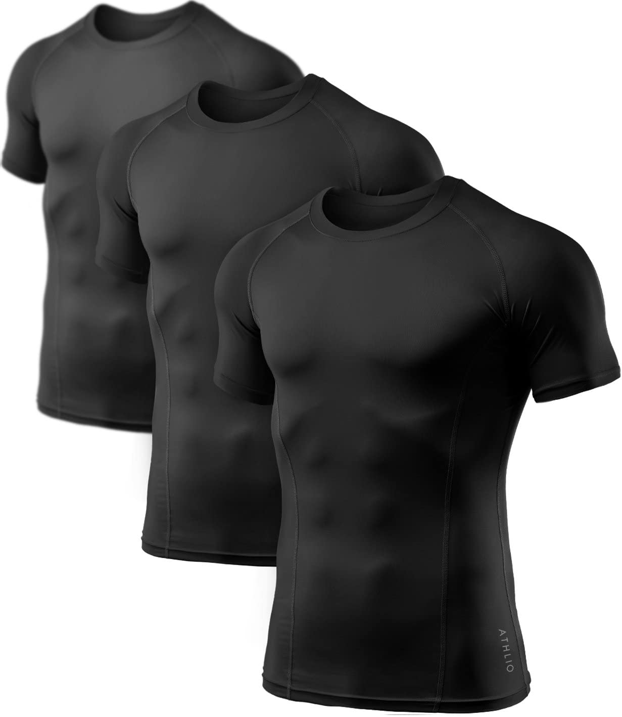 ATHLIO Men's Cool Dry Short Sleeve Compression Shirts, Sports Baselayer T-Shirts Tops, Athletic Workout Shirt, 3pack Tops Black/Black/Black, Medium