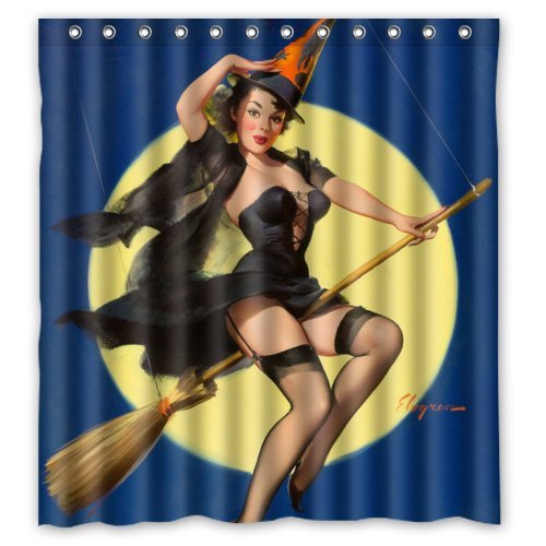 Bathroom Shower Curtain - Sexy Pin Up Girl I'm a Halloween Witch - Vintage Retro Pin Up Girls Body Art Work Canvas Painting Style Waterproof Polyester Fabric 66(w)x72(h) Rings Included