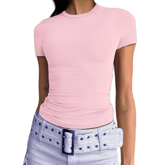 Abardsion Women's Casual Basic Going Out Crop Tops Slim Fit Short Sleeve Crew Neck Tight T Shirts 2025 (Light Pink, S)
