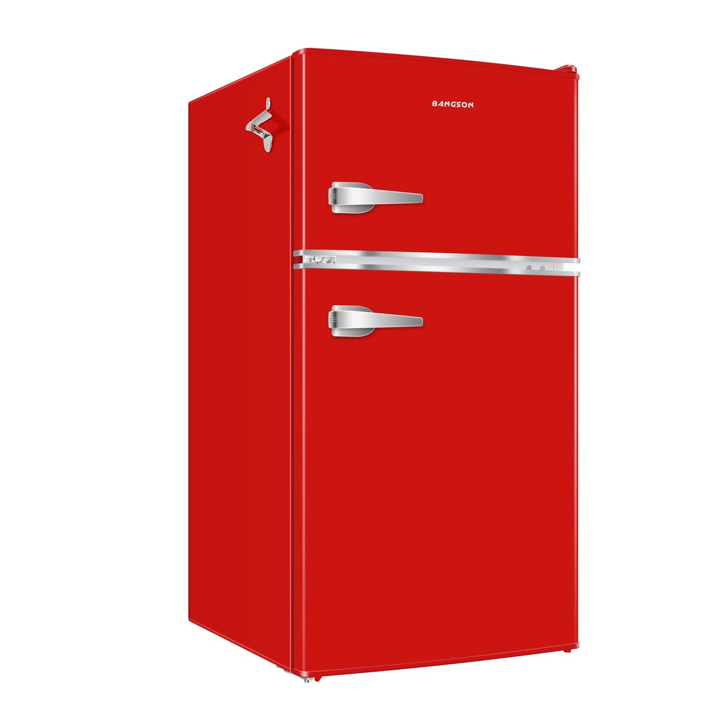 BANGSON Mini Fridge with Freezer, 3.2 CU.FT Small Refrigerator with Freezer, Door Handle, Bottle Opener, For Bedroom, Dorm, Office, Home, Garage or RV, R-600a (Red)