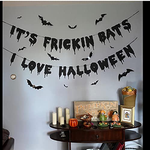 Black Glitter It's Frickin Bats I Love Halloween Banner, Halloween Bats Banner Spooky Halloween Party Banner for halloween Mantle Yard Home Decor