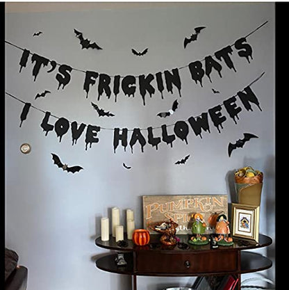 Black Glitter It's Frickin Bats I Love Halloween Banner, Halloween Bats Banner Spooky Halloween Party Banner for halloween Mantle Yard Home Decor