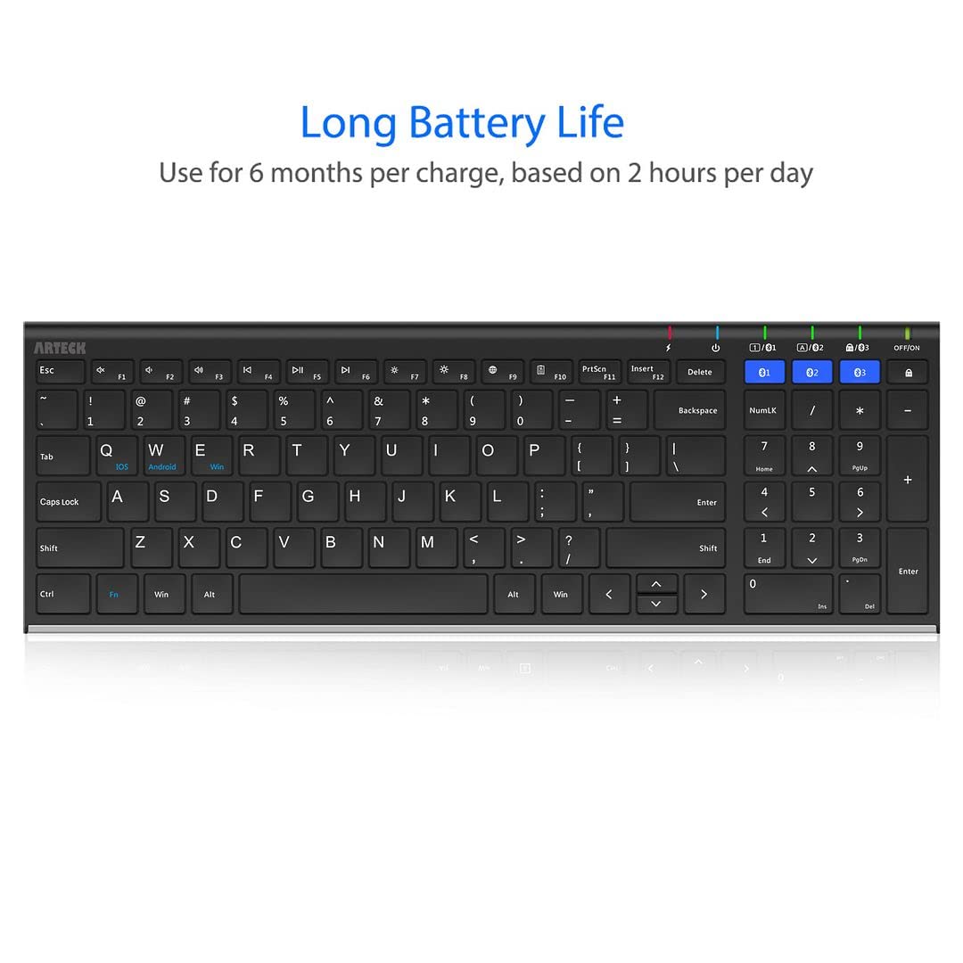 Arteck HB193 Universal Bluetooth Keyboard Multi-Device Stainless Steel Full Size Wireless Keyboard for Windows, iOS, Android, Computer Desktop Laptop Surface Tablet Smartphone Rechargeable Battery