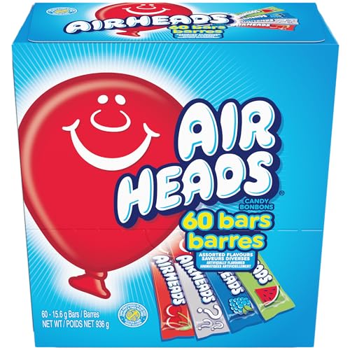 Airheads Candy Bars, Variety Bulk Box, Chewy Full Size Fruit Taffy, Gifts, Holiday, Parties, Concessions, Pantry, Non-Melting, Party, 60 Individually Wrapped Full Size Bars