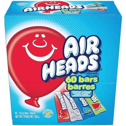 Airheads Candy Bars, Variety Bulk Box, Chewy Full Size Fruit Taffy, Gifts, Holiday, Parties, Concessions, Pantry, Non-Melting, Party, 60 Individually Wrapped Full Size Bars