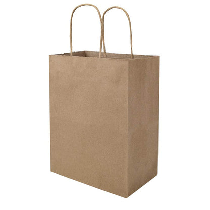 bagmad 100 Pack 8x4.75x10 Inch Plain Medium Paper Bags with Handles Bulk, Brown Kraft Craft Gift Bags, Grocery Shopping Retail Birthday Party Favors Wedding Sacks (Natural Brown, 100pcs)