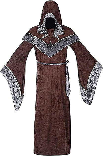 WISHU Mens Halloween Costume Sorcerer Robe, Medieval Vintage Renaissance Hooded Gown Cloak Cape (M (Length 61.4"), Coffee)