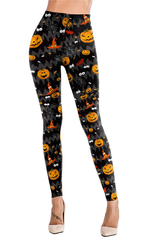 Women's Pumpkin Skulls Patterned Leggings Stretchy Tights Halloween Pants Fall L