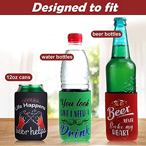 Can Cooler Sleeve for Beer Funny Quotes Insulated Neoprene Drink Cooler Sleeves Collapsible Drink Holder for Beverages Wine Cans Bottles BBQs Party Favors(8 Pcs,4.9 x 3.7 Inch)