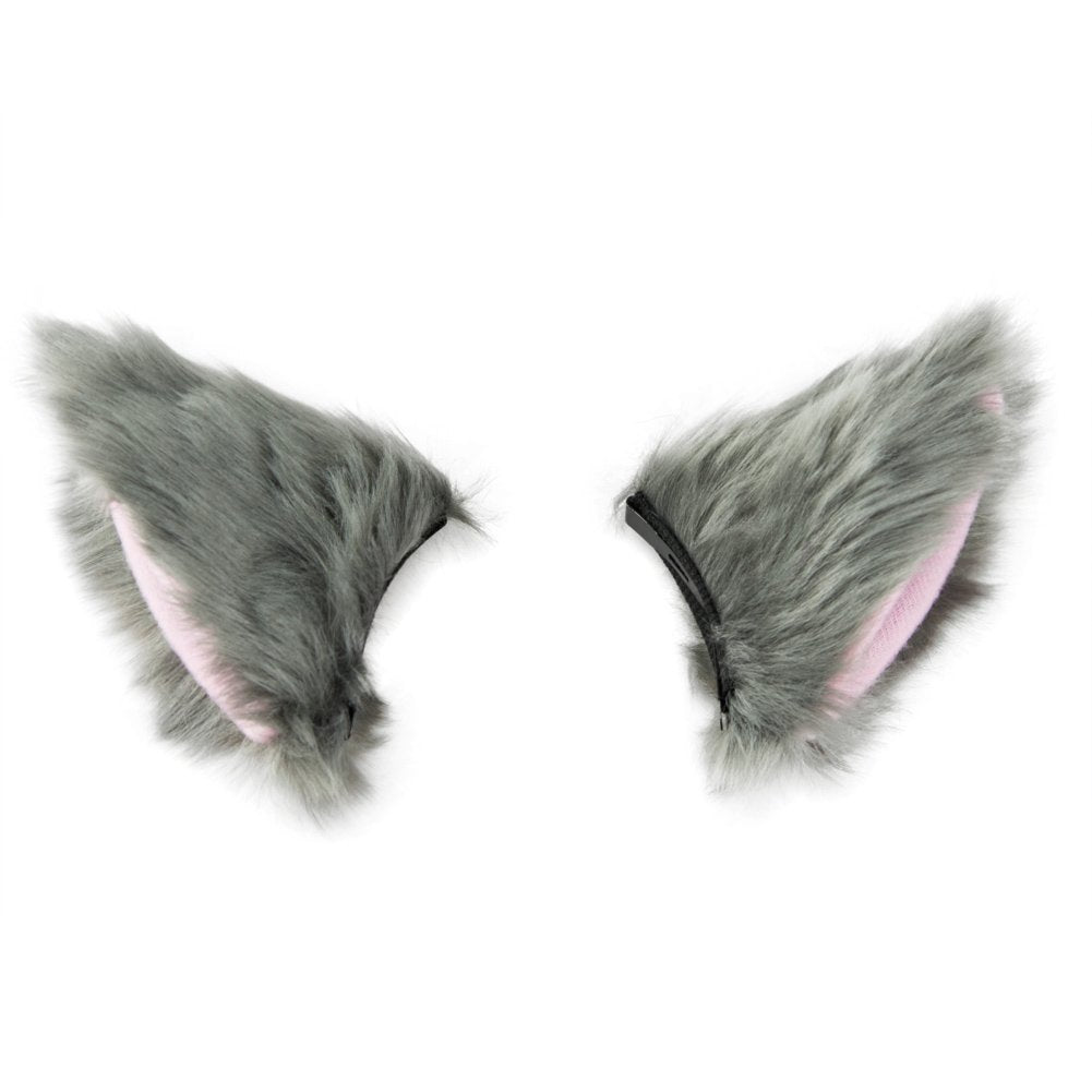 BAOPLAYKIDS Cat Fox Long Fur Ears Hair Clip Headwear Cosplay Halloween Costume(Gray&Pink)