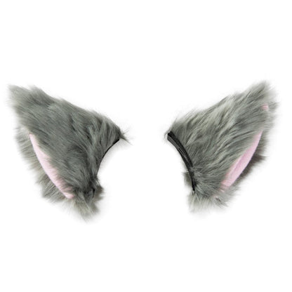 BAOPLAYKIDS Cat Fox Long Fur Ears Hair Clip Headwear Cosplay Halloween Costume(Gray&Pink)