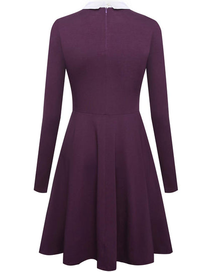 Aphratti Women's Long Sleeve Peter Pan Collar A-Line Fit and Flare Skater Dress Casual Fall Halloween Costumes Adult Purple Large