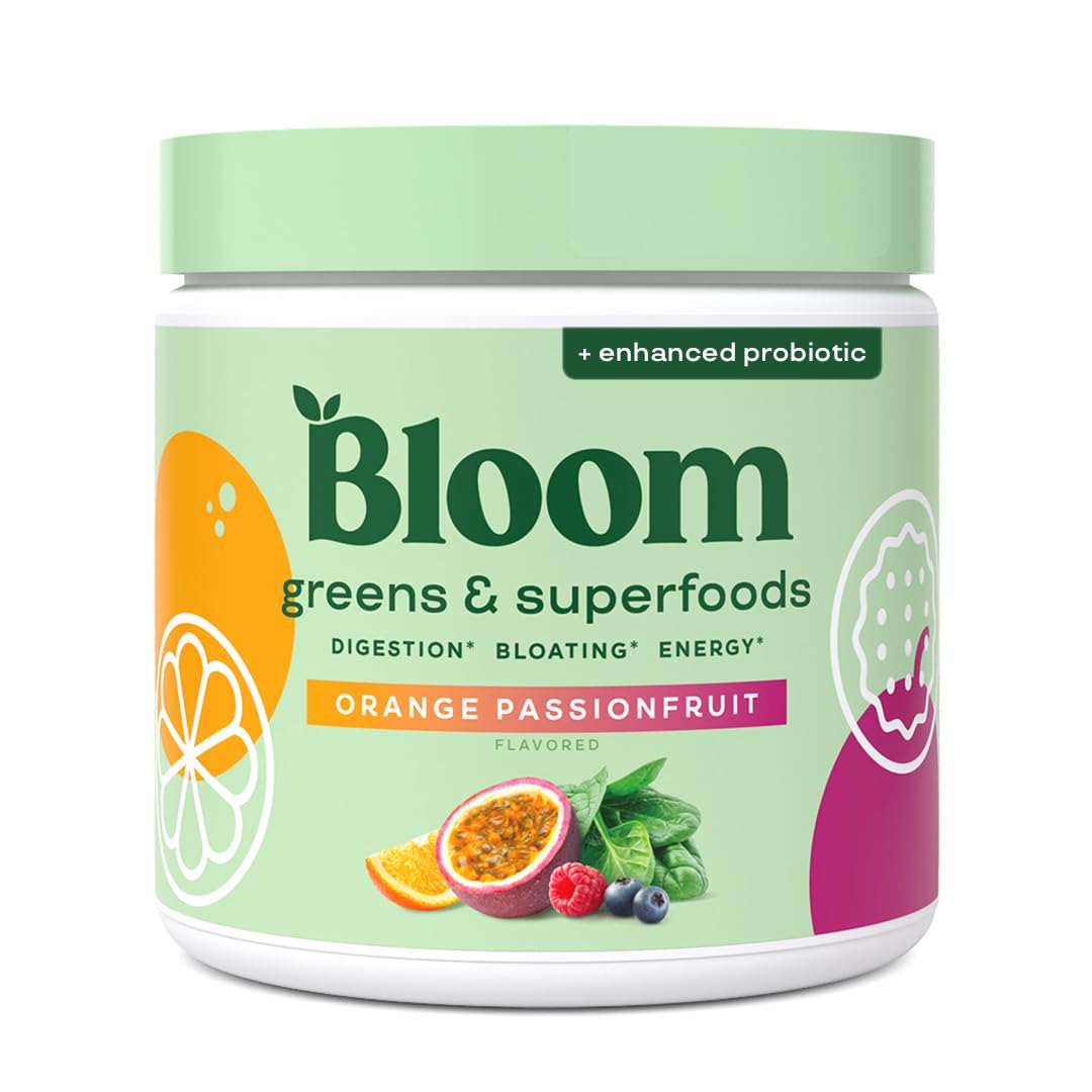 Bloom Nutrition Superfood Greens Powder, Digestive Enzymes with Probiotics and Prebiotics, Gut Health, Bloating Relief for Women, Chlorella, Juice Mix w/Beet Root Powder, 30 SVG, Orange Passionfruit