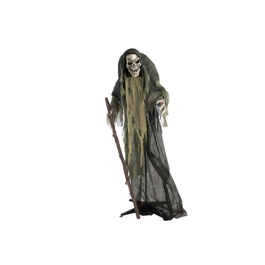 Haunted Hill Farm Life-Size Scary Skeleton Reaper Holding Staff, Halloween Animatronic with Touch Activated Lights and Sound, Battery Operated Indoor or Covered Outdoor Halloween Decorations for Home