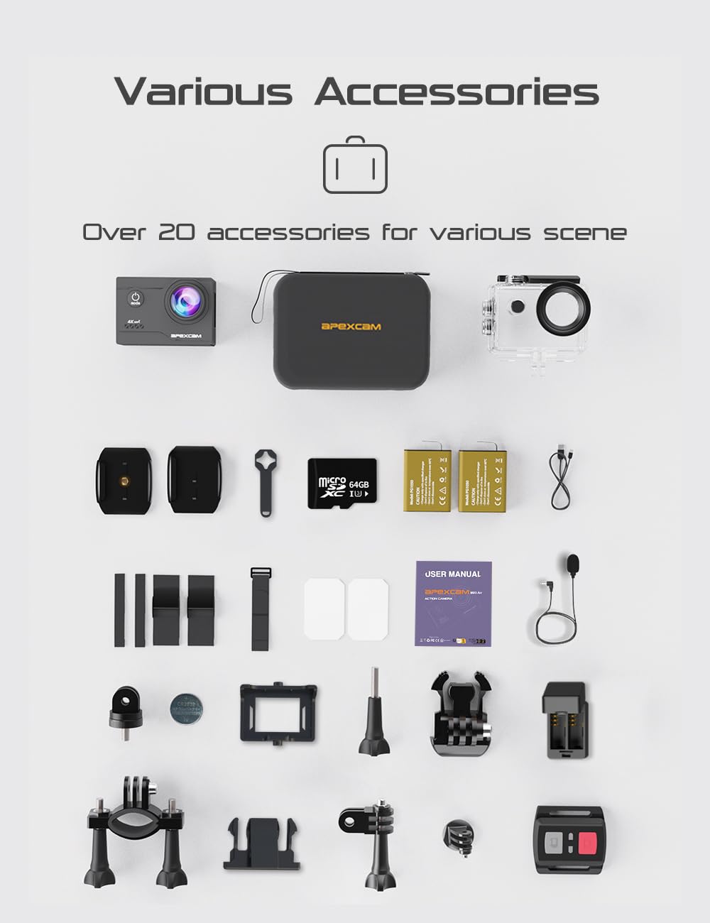 Apexcam Action Camera 4K with 64G SD Card Sport Cameras 20MP 131FT Waterproof Underwater Camera 170°Wide-Angle WiFi Camera with 2.4G Remote Control, 2 Batteries, Mounting Accessories Kits