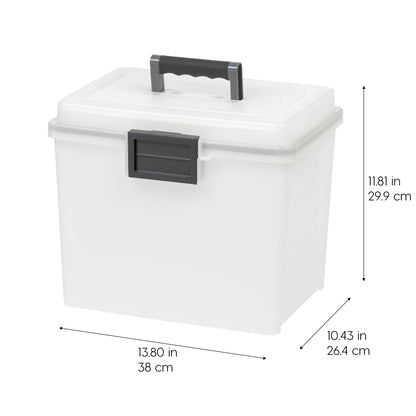 IRIS USA File Box WeatherPro Portable File Organizer Plastic File Box for Letter File w/ Organizer-Lid, Durable Lid and Seal w/ Secure Latching Buckles, Stackable and Nestable, Pearl 19 Qt. 1 Pack