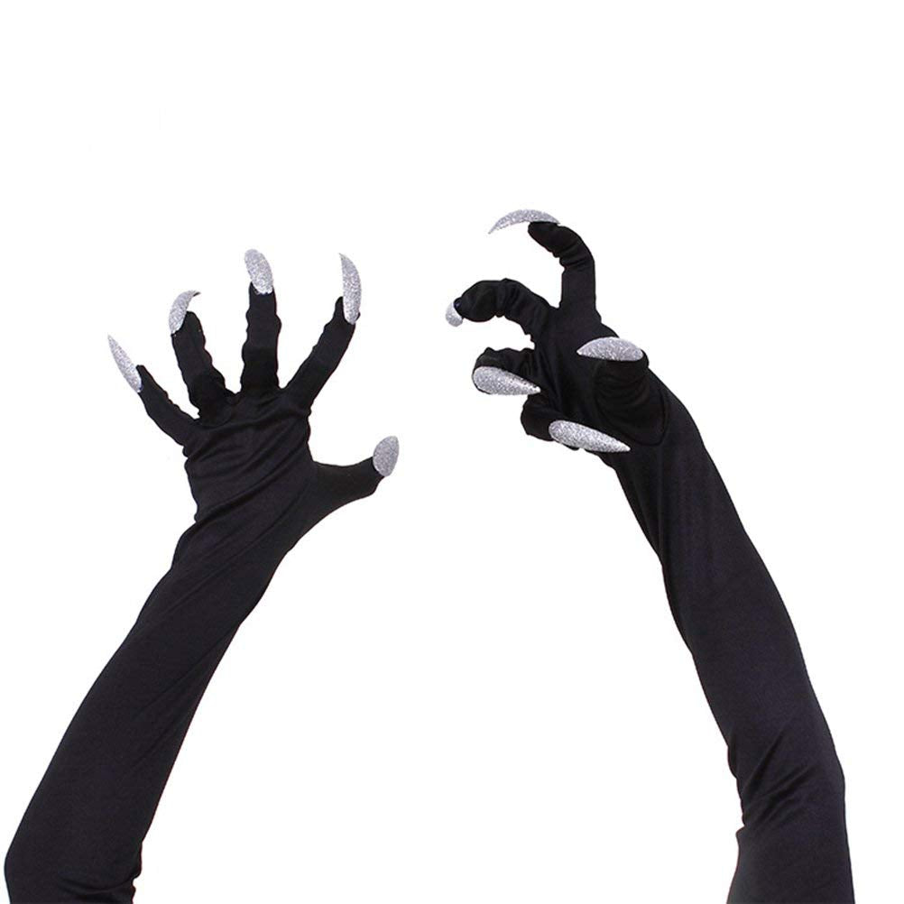 Amosfun Gloves Halloween Nails Halloween Party Costume Gloves Attached Long Fingernails,Pack of 2 (Black)…