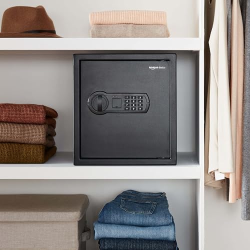 Amazon Basics Steel Home Security Electronic Safe with Programmable Keypad Lock for Documents, Jewelry, Valuables, 1.2 Cubic Feet, Black, 13"W x 13"D x 14.2"H