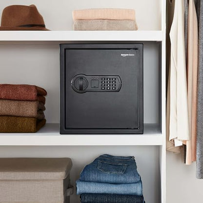 Amazon Basics Steel Home Security Electronic Safe with Programmable Keypad Lock for Documents, Jewelry, Valuables, 1.2 Cubic Feet, Black, 13"W x 13"D x 14.2"H