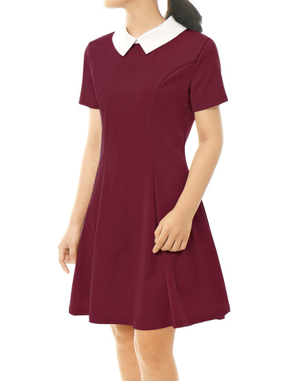Allegra K Women's Flare Dress Halloween Contrast Peter Pan Collar Short Sleeves Wednesday Addam Dresses X-Small Burgundy
