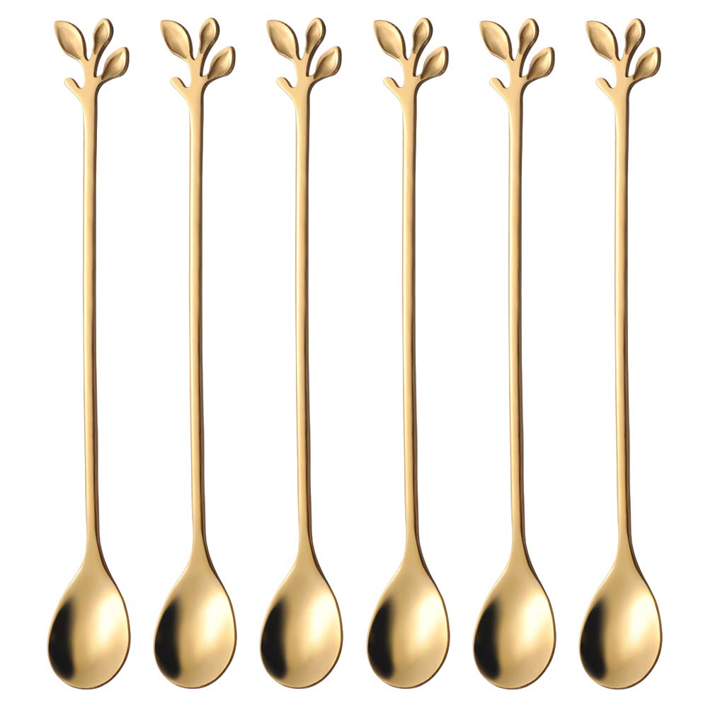 AnSaw 6-Piece Elegant Gold Leaf Long Handle Teaspoons - 7.4" Stainless Steel Stir Spoons for Coffee & Tea, Perfect for Mixing & Stirring