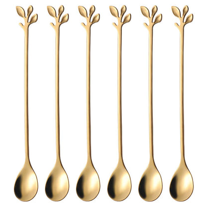 AnSaw 6-Piece Elegant Gold Leaf Long Handle Teaspoons - 7.4" Stainless Steel Stir Spoons for Coffee & Tea, Perfect for Mixing & Stirring