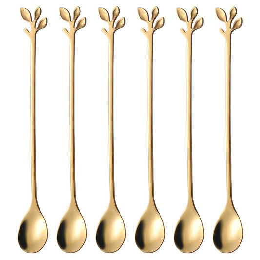 AnSaw 6-Piece Elegant Gold Leaf Long Handle Teaspoons - 7.4" Stainless Steel Stir Spoons for Coffee & Tea, Perfect for Mixing & Stirring