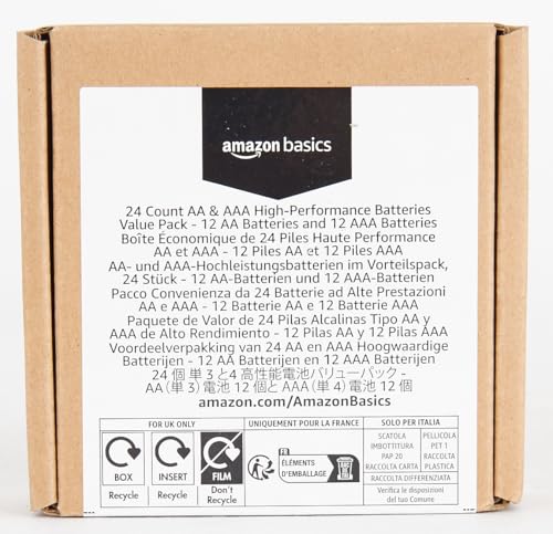 Amazon Basics 24 Count AA & AAA High-Performance Alkaline Batteries Value Pack - 12 Double AA Batteries and 12 Triple AAA Batteries