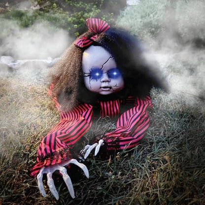 Haunted Hill Farm Scary Haunted Crawling Baby Doll, Halloween Animatronic with Touch Activated Lights and Sound, Battery Operated Indoor or Covered Outdoor Halloween Decorations, Creepy Fright Props