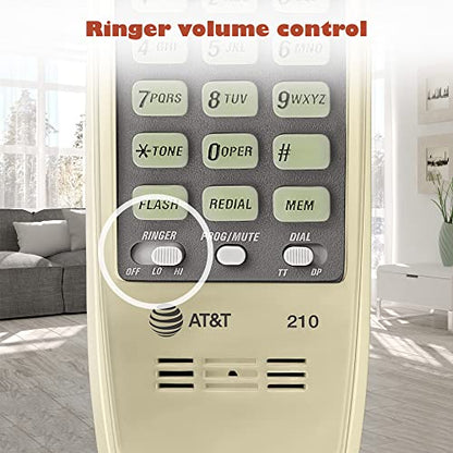 AT&T TRIMLINE 210 Corded Home Phone, No AC Power Required, Improved Easy-Wall-Mount, Lighted Big Button Keypad, 13 SpeedDial Keys, Last Number Redial, Mute, Flash, Volume Control, Beige