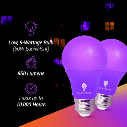 BlueX Bulbs 2 Pack LED A19 Purple Light Bulb - 9W (60Watt Equivalent) - E26 Base LED Bulb, Party Decoration, Porch, Home Lighting, Holiday Lighting, Non-Dimmable.