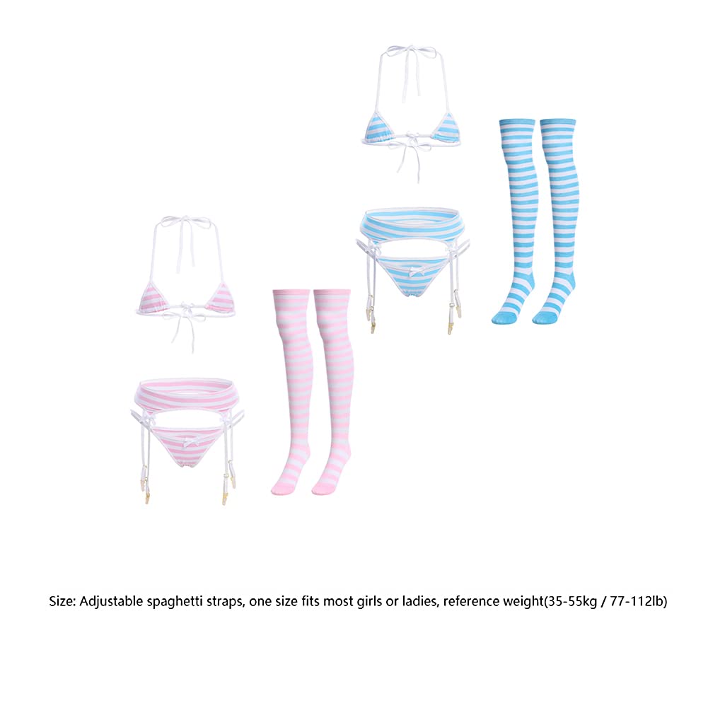 Women Cute Kawaii Lingerie set Halter Strap Micro Bra Tiny Panty Garter Belt Striped Stockings 4Pcs Underwear Swimwear Bathing Suit Pink + White Stripe One Size