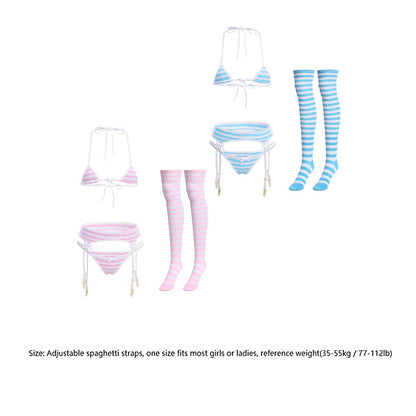 Women Cute Kawaii Lingerie set Halter Strap Micro Bra Tiny Panty Garter Belt Striped Stockings 4Pcs Underwear Swimwear Bathing Suit Pink + White Stripe One Size
