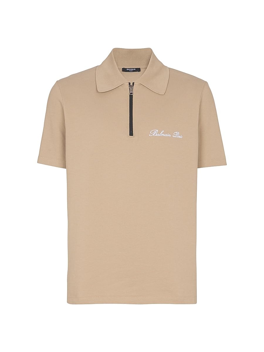 Balmain, Logo-Embroidered Cotton Quarter-Zip Polo Shirt, Small, Camel Blanc