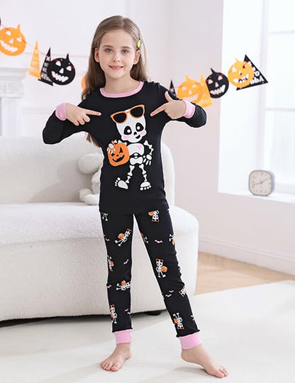 Benaive Halloween Pajamas for Girls Glow In Dark Holiday Pjs for Girl Cotton Pajama Sets 2 Pieces Kids Sleepwear Long Sleeves Size 10