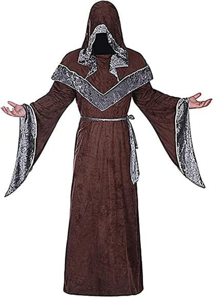 WISHU Mens Halloween Costume Sorcerer Robe, Medieval Vintage Renaissance Hooded Gown Cloak Cape (M (Length 61.4"), Coffee)