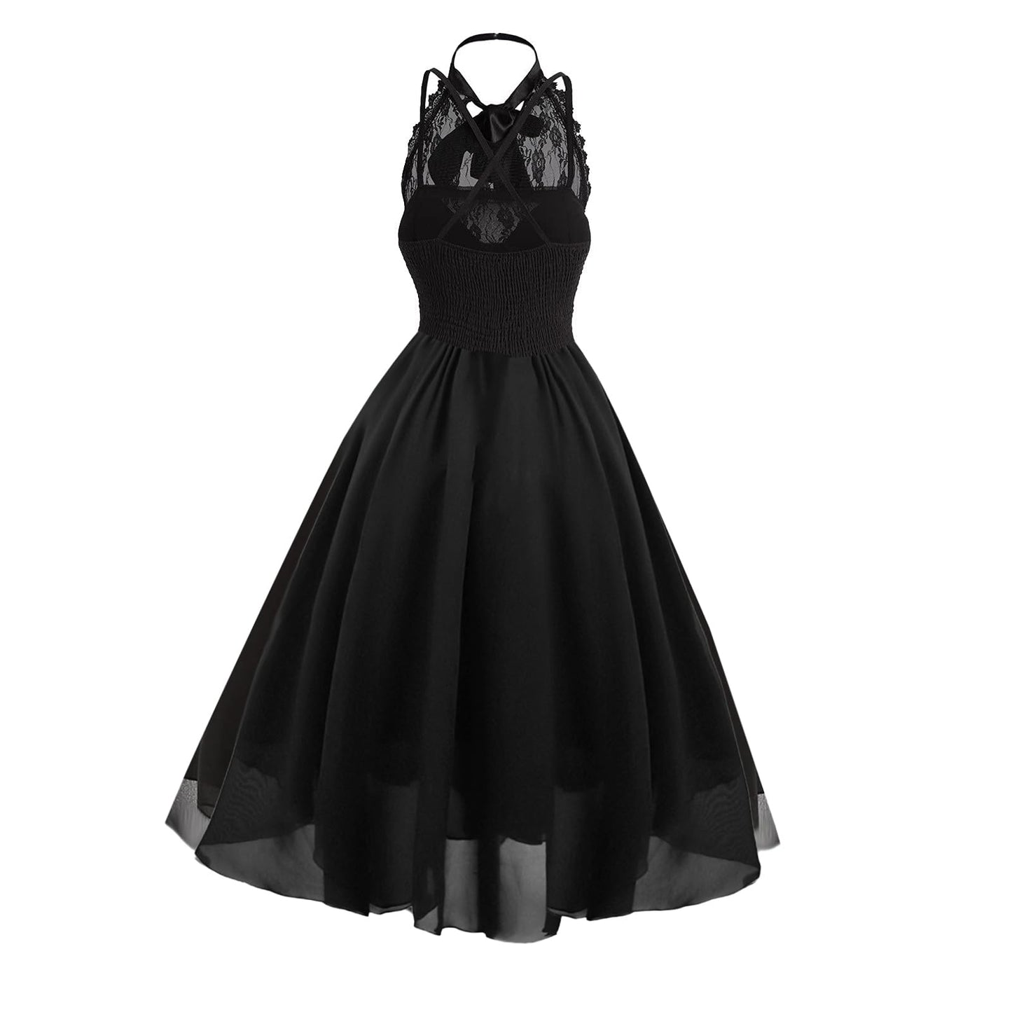 Women's Sleeveless Gothic Lace Dress with Corset Halter Lace Swing Cocktail Dress Black