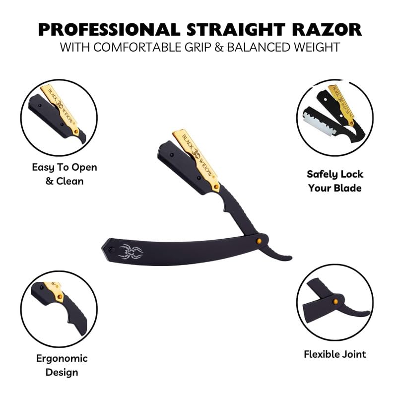 Black Widow Razor, Professional Straight Razor for Men, Safety with 10 Pack Blades (1.5mm Exposure) (Gold)
