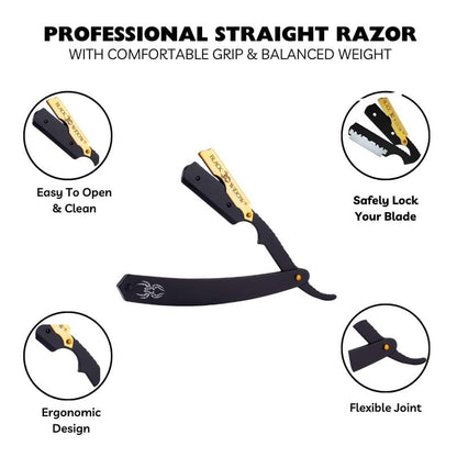 Black Widow Razor, Professional Straight Razor for Men, Safety with 10 Pack Blades (1.5mm Exposure) (Gold)