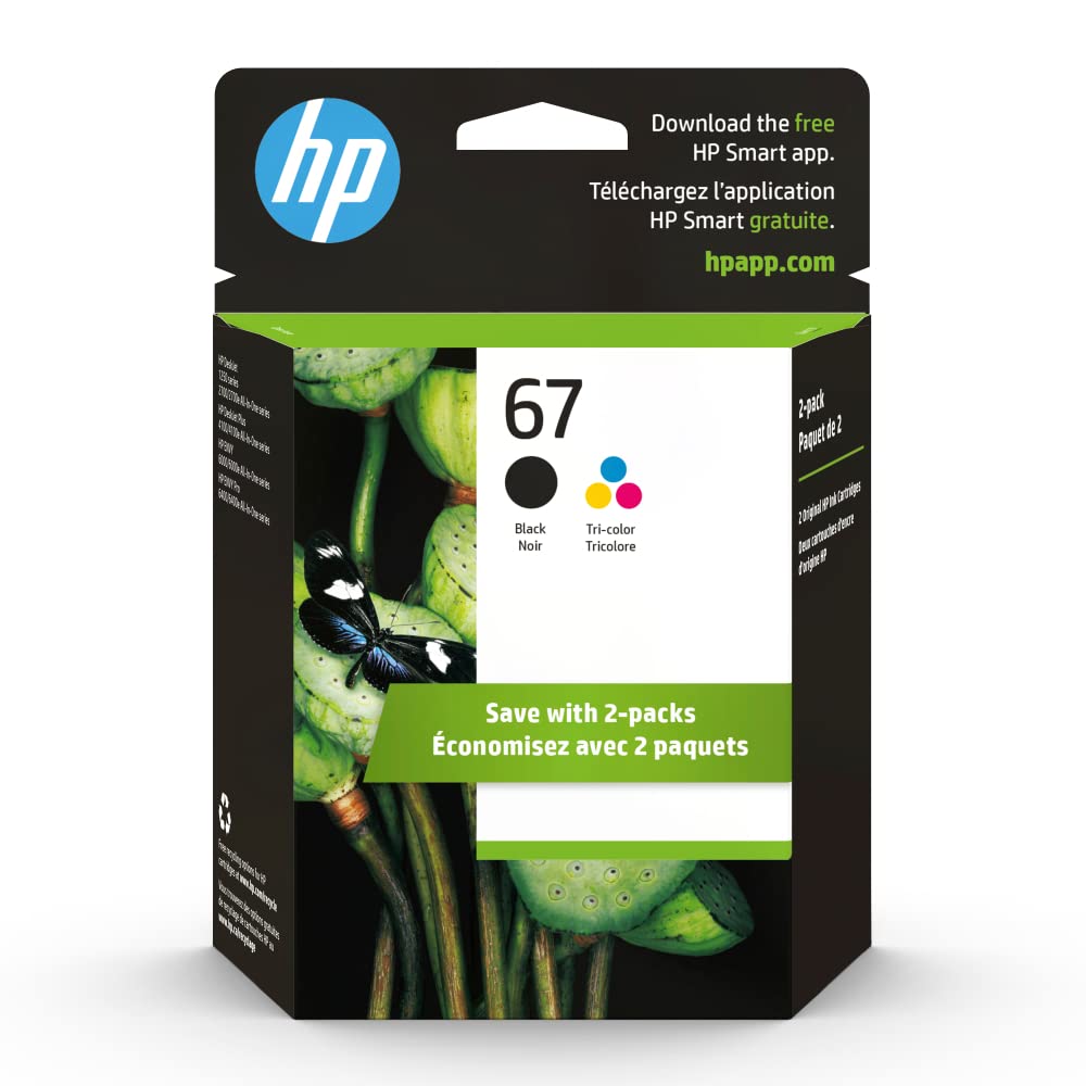 HP 67 Black/Tri-color Ink Cartridges for HP Printers | Works with Printer Series: DeskJet 1255, 2700, 4100; ENVY 6000, 6400 | Eligible for Instant Ink | 3YP29AN