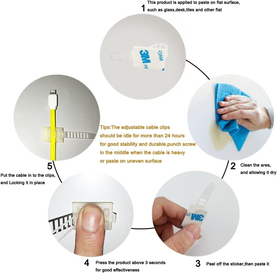 HS Wire Management Clips Clear with Screw Hole (50 Pack) Adjustable Cable Straps 3 Inch with 3M Adhesive Tape,Cable Fasteners for Christmas Lights,Desk,Wall to Hold Extension Cord