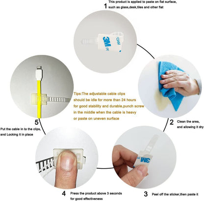 HS Wire Management Clips Clear with Screw Hole (50 Pack) Adjustable Cable Straps 3 Inch with 3M Adhesive Tape,Cable Fasteners for Christmas Lights,Desk,Wall to Hold Extension Cord