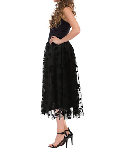 Women's A Line Tulle Midi Skirt Tutu Tiered Petticoat Skirts Tea-Length Elastic Waist Tutu Skirts (Flower Black 2 Layer)