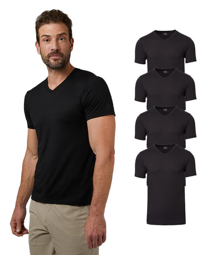 32 Degrees Mens 4 Pack Cool V-Neck T-Shirt | Anti-Odor | Quick Drying | 4-Way Stretch, Black, Medium