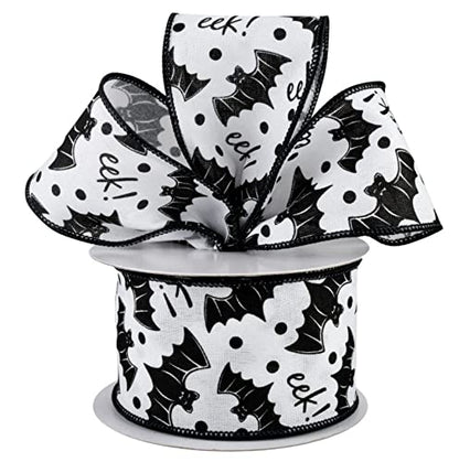 Bats Eek! Halloween Wired Ribbon - 2 1/2" x 10 Yards, Black & White, Wreath, Trick or Treat, Party, Haunted House, Fundraiser, Classroom, Daycare
